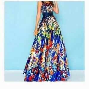 Mac Duggal Barcelona Blue Strapless Scoop Neck Style Full Ball Gown Dress.